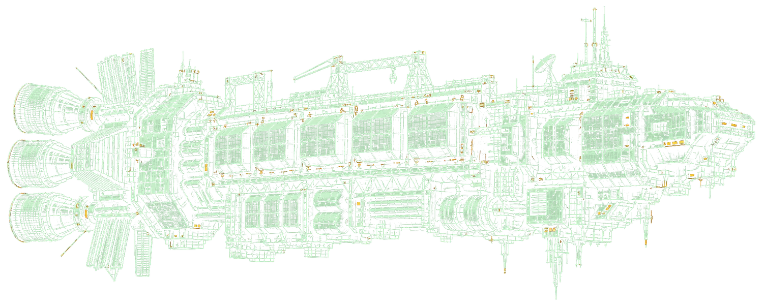 Detailed wireframe model of an original heavy industrial deep-space freighter